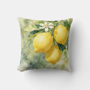Coussin Branche de citron à l'aquarelle Botanique Été
