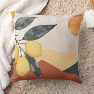 Coussin Branche de citron bohème avec soleil abstrait mini
