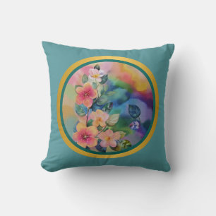 Coussin Branche de ressort colorée en aquarelle avec fleur