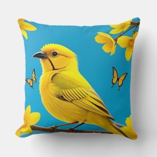 🌿 Coussin Branche Fleurie Oiseau Jaune Décoration