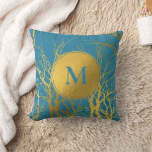 Coussin Branches Gold Tree Motif Monogramme bleu