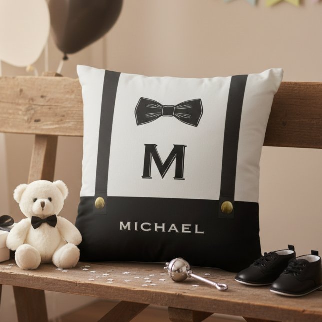 Coussin Bretelles & Nœud Papillon Monogramme Bébé Garçon  (Suspenders & Bowtie Name Monogram Baby Boy Throw Pillow
)