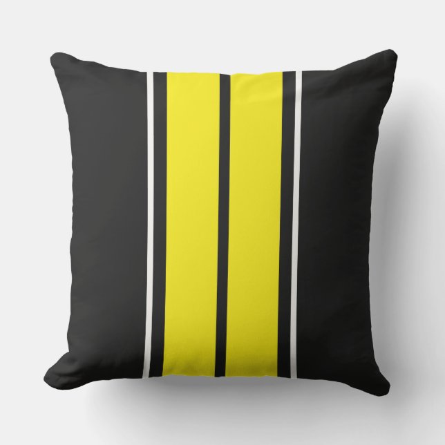 Coussin Bright Twin Yellow White Racing Stripes Sur Noir (Recto)