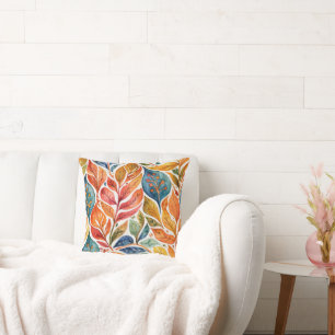 Coussin Brilliant Orange & Bleu Feuilles Abstraits