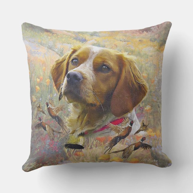 Coussin Brittany Spaniel Art, Chasse de faisan (Verso)