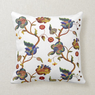 Coussin Broderie de fleurs bleues Faux Jacobean