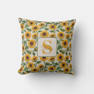 Coussin Broderie de Tournesol Jaune Monogramme Floral