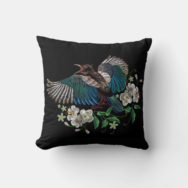 Coussin Broderie Design Magpie Oiseau Blanc Fleur Noir (Recto)