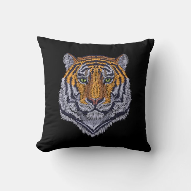 Coussin Broderie Design Tiger Tête Noir (Recto)