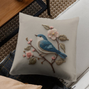 Coussin Broderie fausse florale oiseau bleu vintage