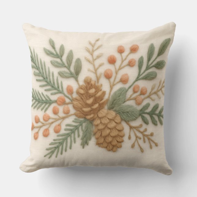 Coussin Broderie Noël Floral Sprig Pinecone Crème (Recto)