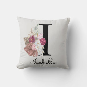 Coussin Broderie Rose Fleurie Bohème Initiale I