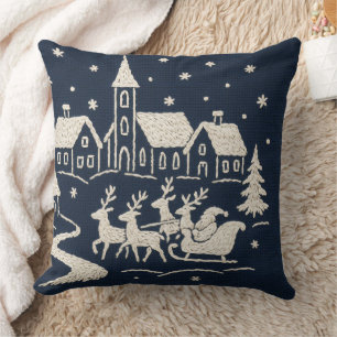 Coussin Broderie Village de neige de Noël Scène Bleu Blanc