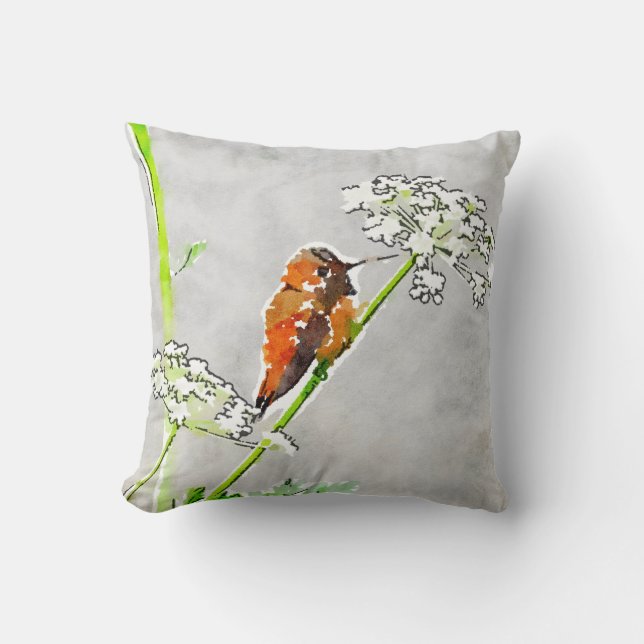 Coussin Bronze, vert or colibri et fleurs blanches gris (Recto)