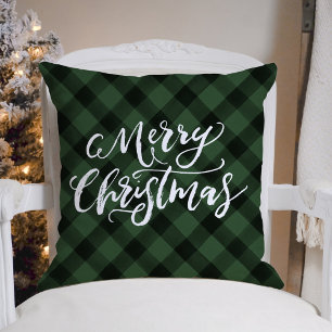 Coussin Brosse rustique Script Joyeux Noël Vert Plaid