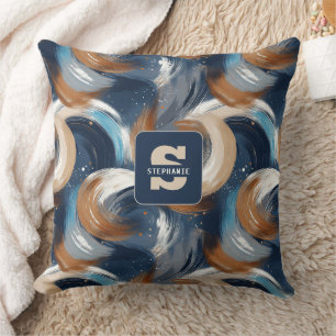 Coussin Brosses Abstraites bouclés en bleu, blanc et Brown
