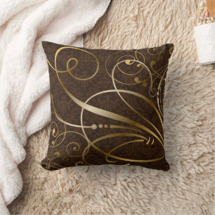 Coussin Brown Damask Gold Swirls Flourds