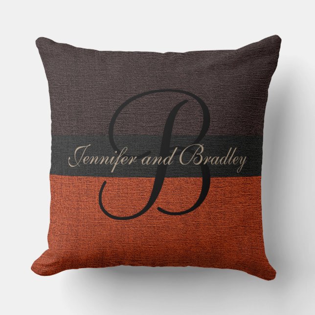 Coussin Brown et brique rouge Élégant Mariage Monogramme (Recto)
