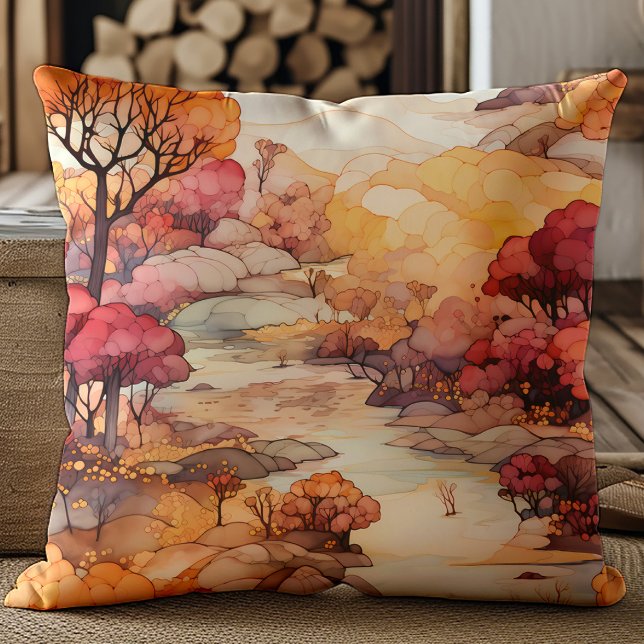 Coussin Brown Orange Red Fall River Trees Paysage (Orange, red, and brown trees and river landscape pillow)