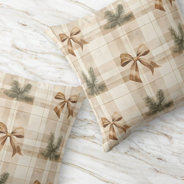 Coussin Brown Plaid Bow Rustique Moderne Green Farmhouse (Brown Plaid Bow Rustic Modern Green Farmhouse Throw Pillow)