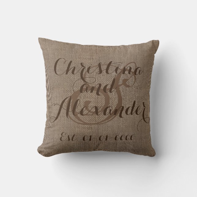 Coussin Brown Rustic Burlap Look Mariage Nom monogramme (Recto)