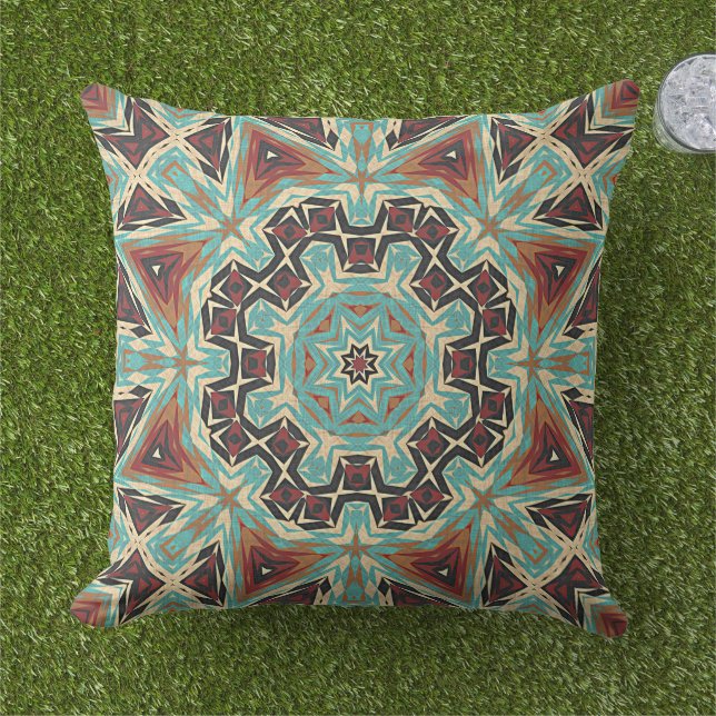 Coussin Brown Turquoise Rouge Orange Mandala (Herbe)
