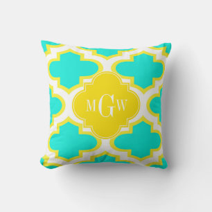 Coussin Brt Aqua Jaune Blanc Quatrefeuille 3 Monogramme In