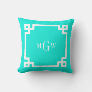 Coussin Brt Aqua Wht Clé Grecque #2 Cadre 3 Init Monogramm