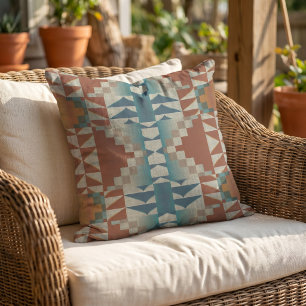 Coussin Brûlé Orange Taupe Brown Turquoise Bleu Art Tribal