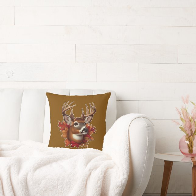 Coussin Buck Deer entouré de feuilles d'automne (Canapé)