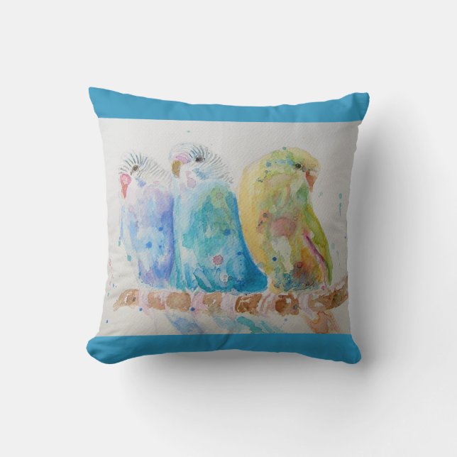 Coussin Budgie Aquarelle Peinture oiseau Cuisine Aqua Turq (Recto)