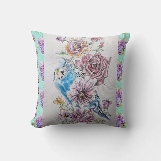 Coussin Budgie Budgerigar Rose Aquarelle florale Cushion (Recto)