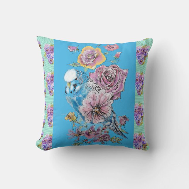 Coussin Budgie Budgerigar Rose aquarelle florale Cushion (Recto)