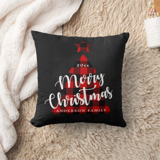 Coussin Buffalo Plaid Christmas Tree Whimsic Script (Couverture)