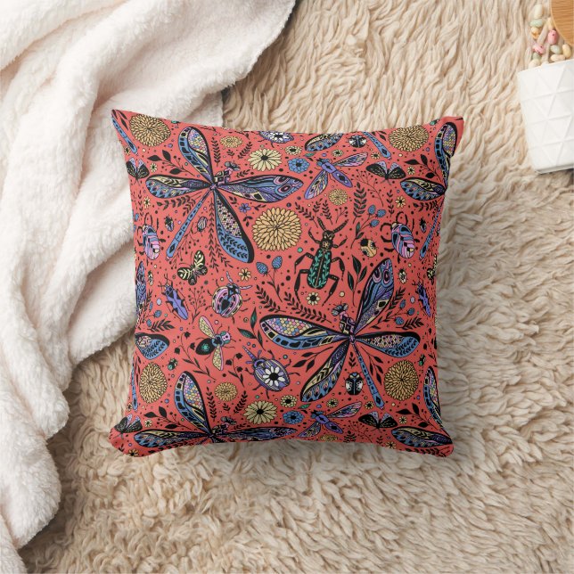 Coussin Bugs de Doodle sur corail rouge (Couverture)
