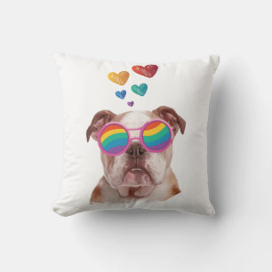 Coussin Bulldog anglais avec des coeurs Saint-Valentin