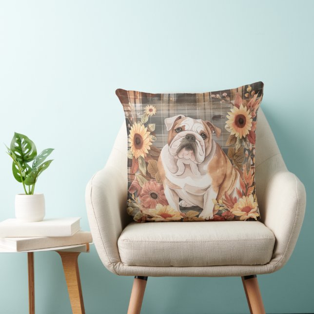 Coussin Bulldog Automne Aquarelle Fleurs (Chaise)