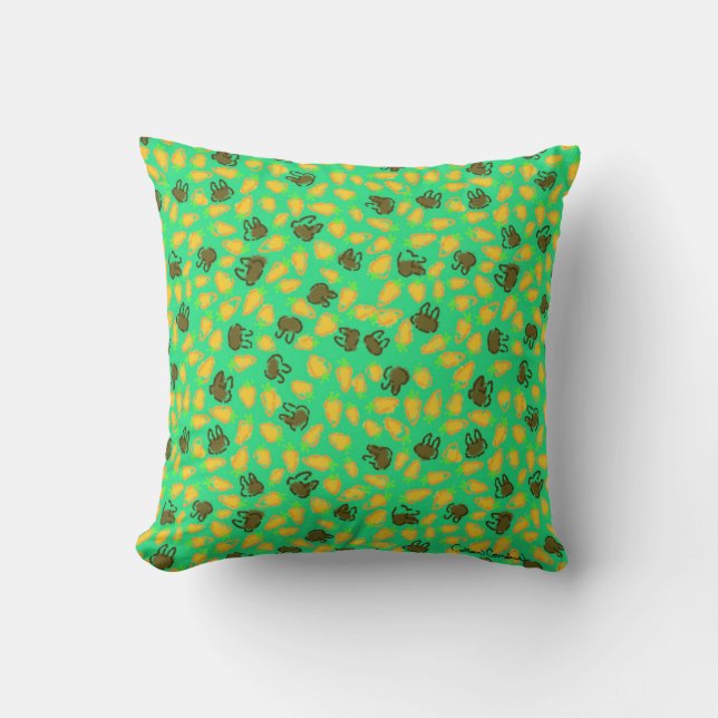 Coussin Bunnies Brown et carottes orange sur Robbin Egg Bl (Recto)