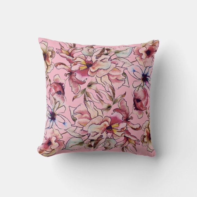 Coussin Burgundy Bleu rose Floral Garland Aquarelle (Recto)