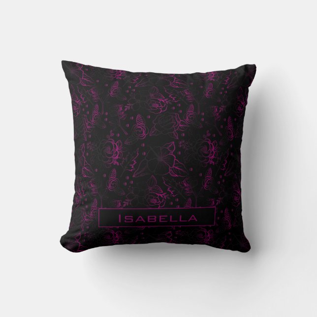 Coussin Burgundy fleurs motif floral nom personnalisé (Recto)
