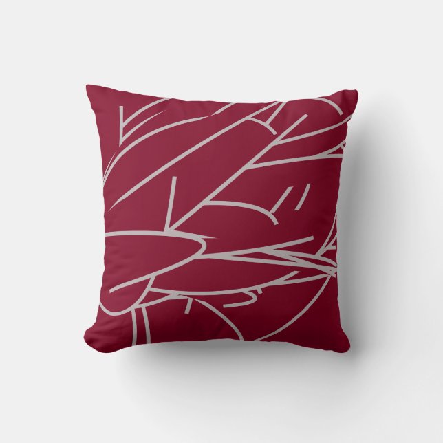 Coussin Burgundy & Grey Moderne Elégante Plumes Abstraites (Recto)