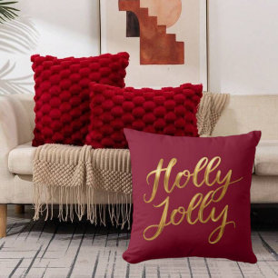 Coussin Burgundy Holly Jolly - Décor de Vacances Script Or