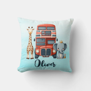 Coussin Bus londonien fantaisiste avec girafe et éléphant