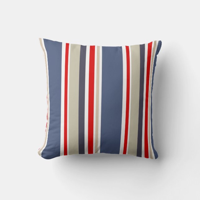 Coussin Cabana rayé rouge blanc bleu gris beige (Recto)