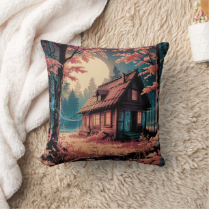 Coussin Cabane au Clair de Lune, Art de la Forêt Japonaise