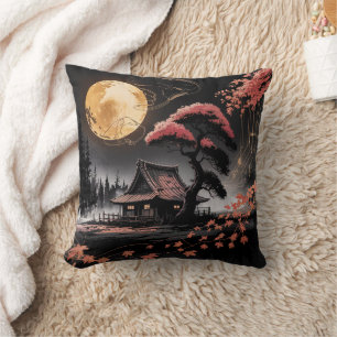 Coussin Cabane au Clair de Lune, Art de la Forêt Japonaise