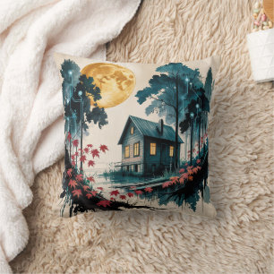 Coussin Cabane au clair de lune Forêt japonaise Art (1)