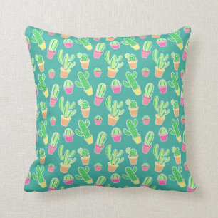 Coussin Cactus au néon d'aquarelle dans le motif de pots