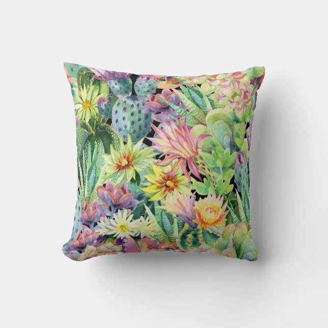 Coussin Cactus en floraison, motif aquarelle transparent. (Recto)