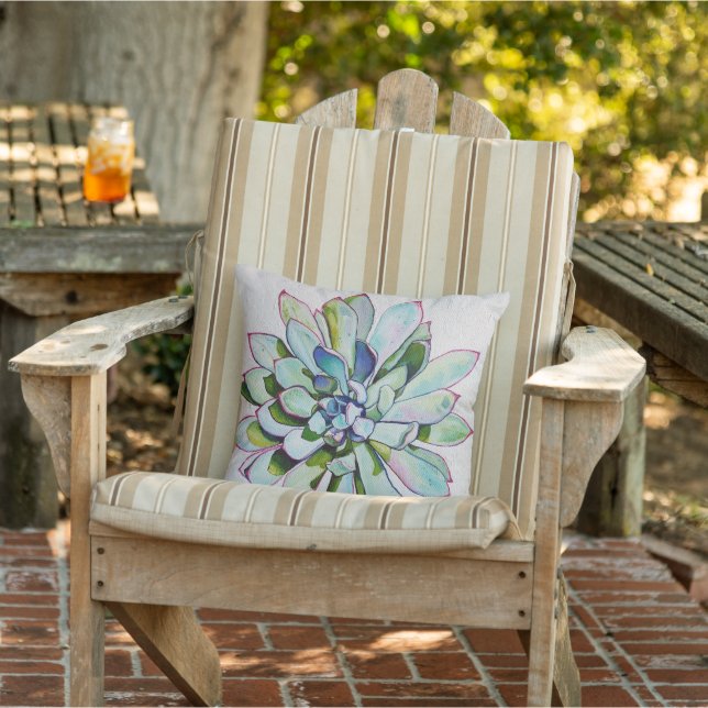 Coussin Cactus en peinture à l'huile bleue et rose (Chaise)